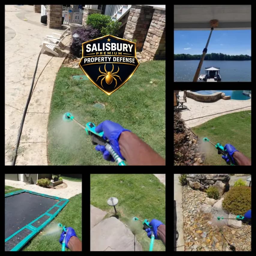 Salisbury Premium Property Defense technician applying targeted treatments to lawn, dock soffits, trampoline, walkway, and rock beds